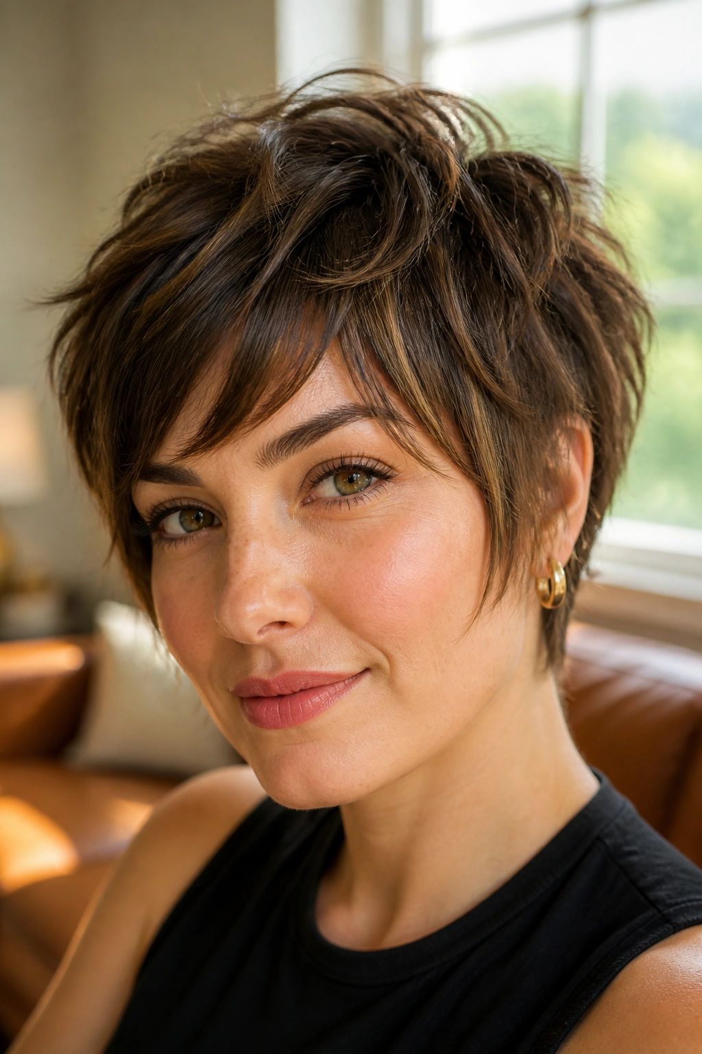 Close-up portrait of a real woman with shaggy pixie bob broken texture in warm window light