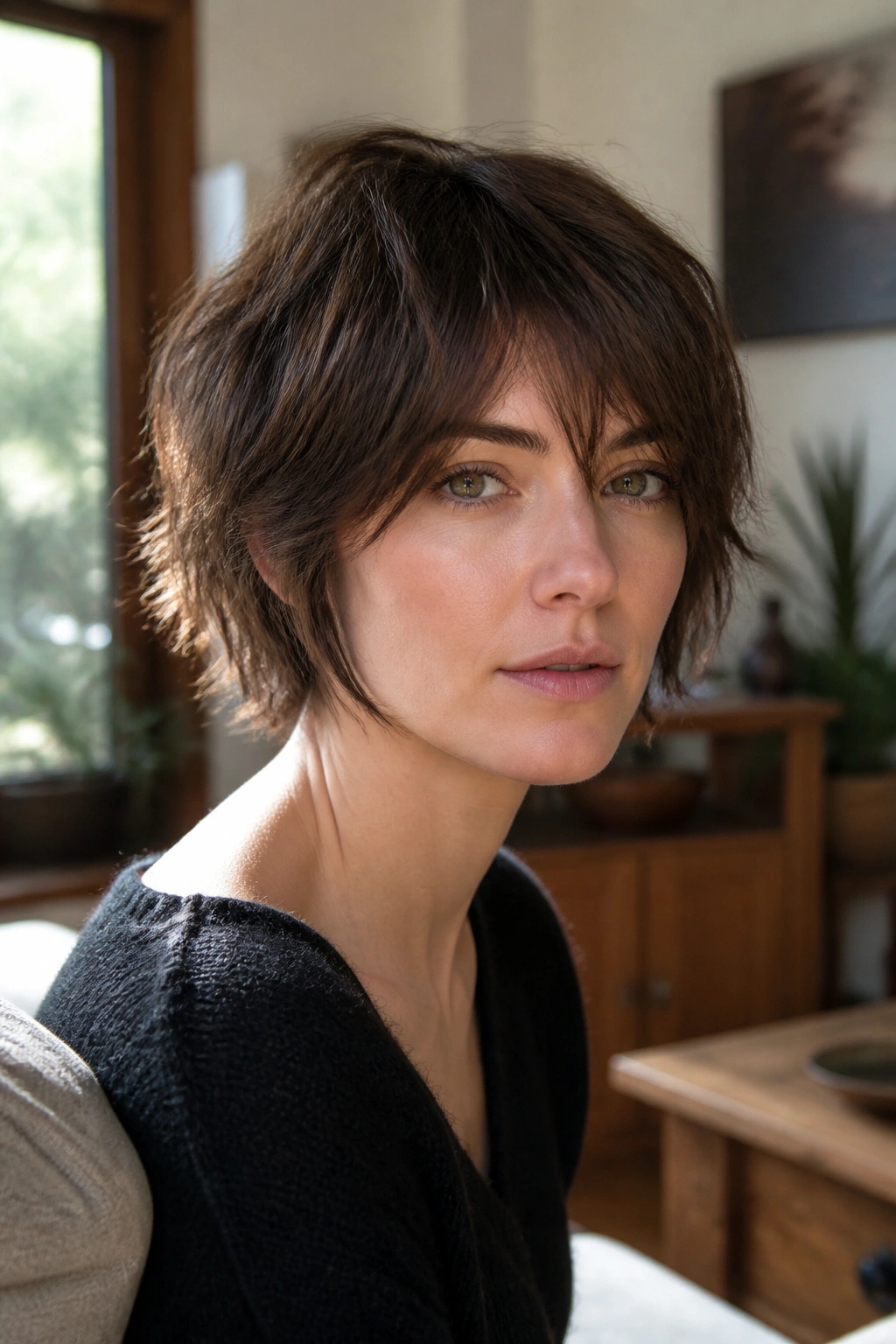 Close-up portrait of a real woman with shaggy long pixie bob and piecey ends