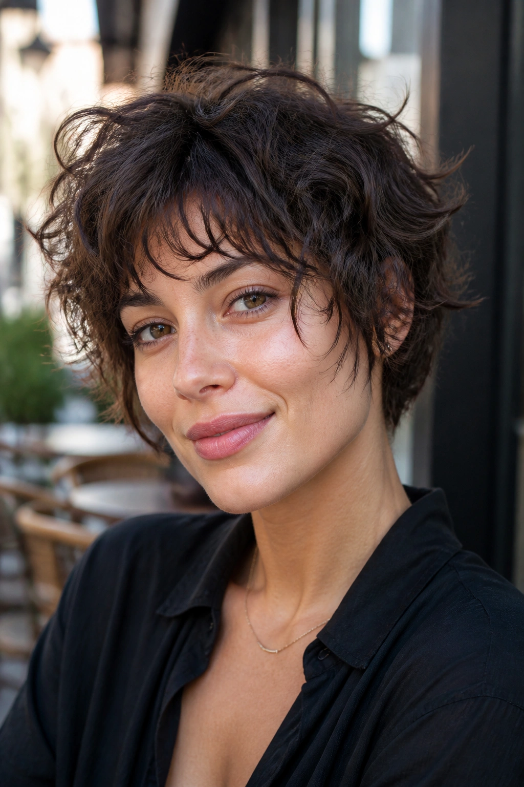 Close-up of a woman with shaggy pixie-bob and piecey ends