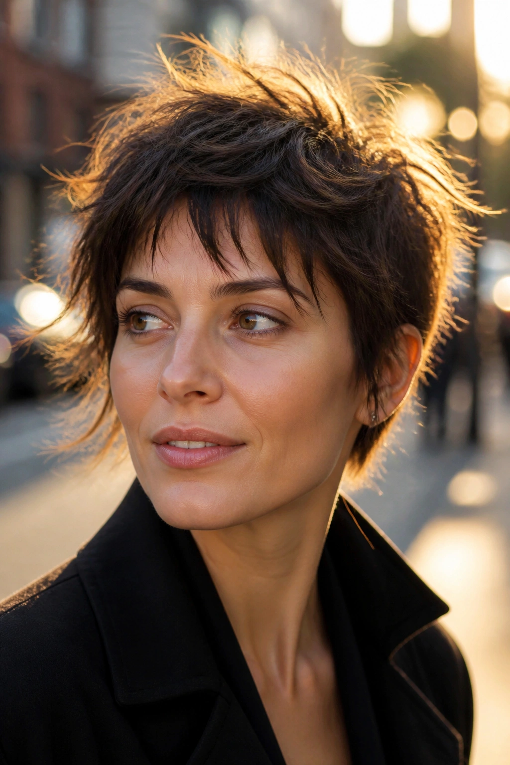 Close-up portrait of a real person with a shaggy pixie and broken ends