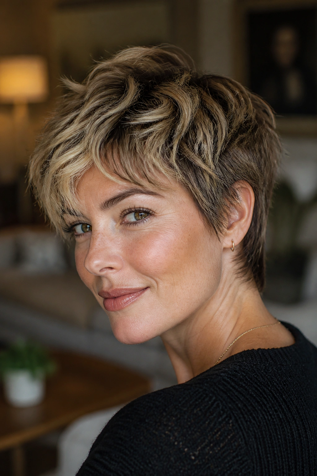 Portrait of a woman with a shaggy pixie featuring broken layers for texture.