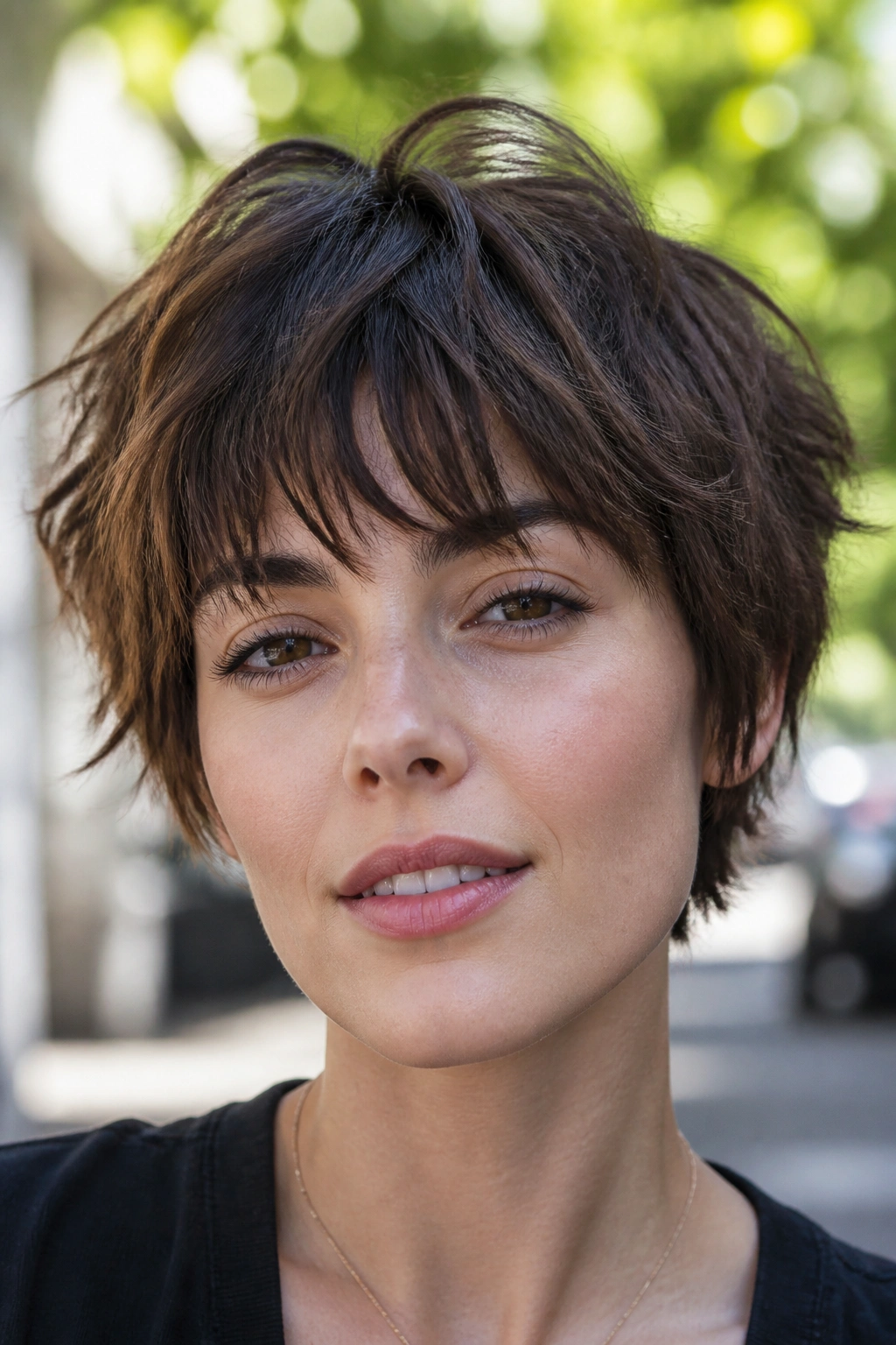 Close-up of a real woman with shaggy pixie bob and broken texture