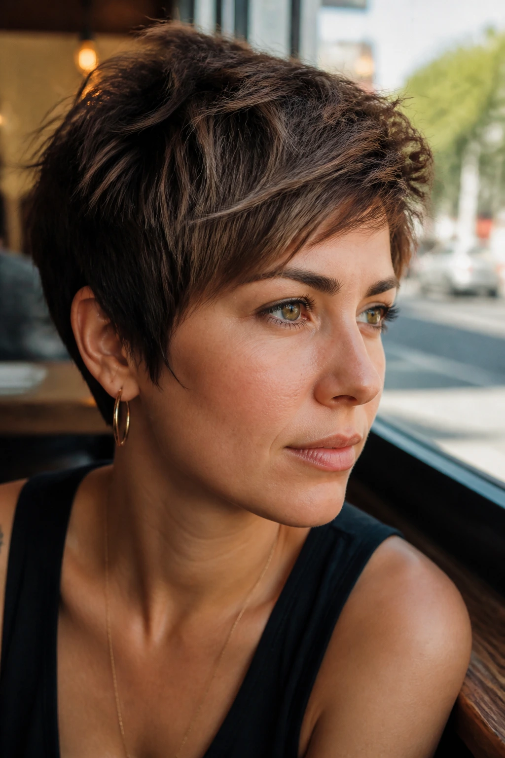 Real woman with shaggy pixie showing broken ends and textured top