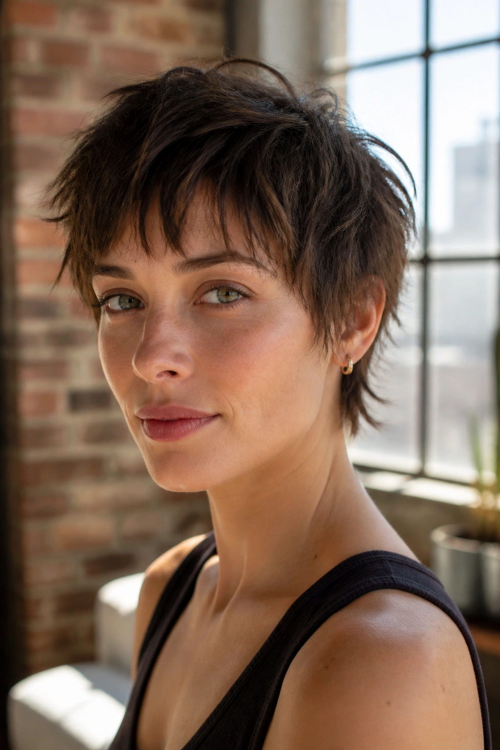 Close-up portrait of a real woman with cropped shaggy pixie and choppy fringe.