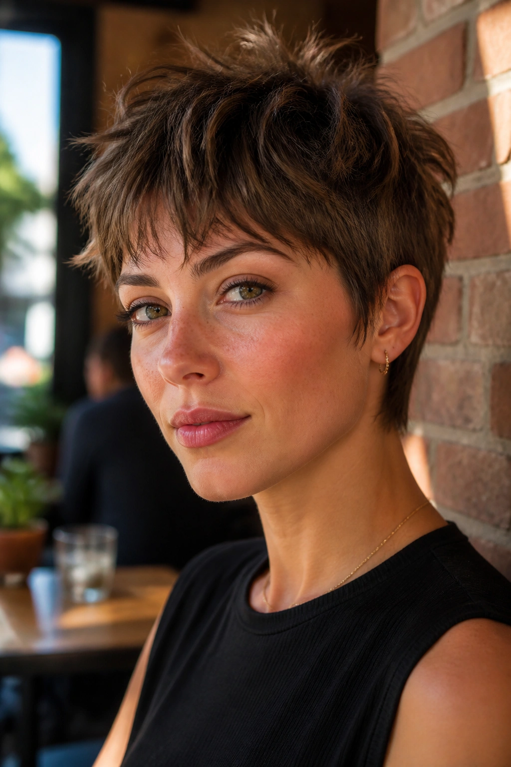 Close-up of a real woman with a shaggy pixie crop and messy fringe in a sunlit cafe.