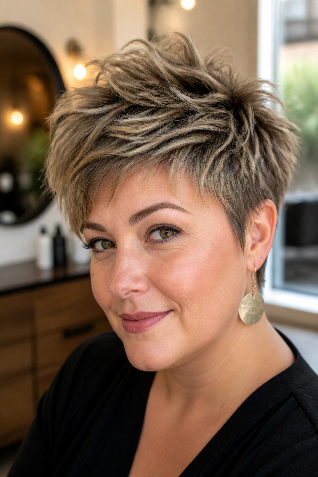 Close-up portrait of a real woman with crown-heavy shaggy pixie for round faces, crown lift and textured layers.