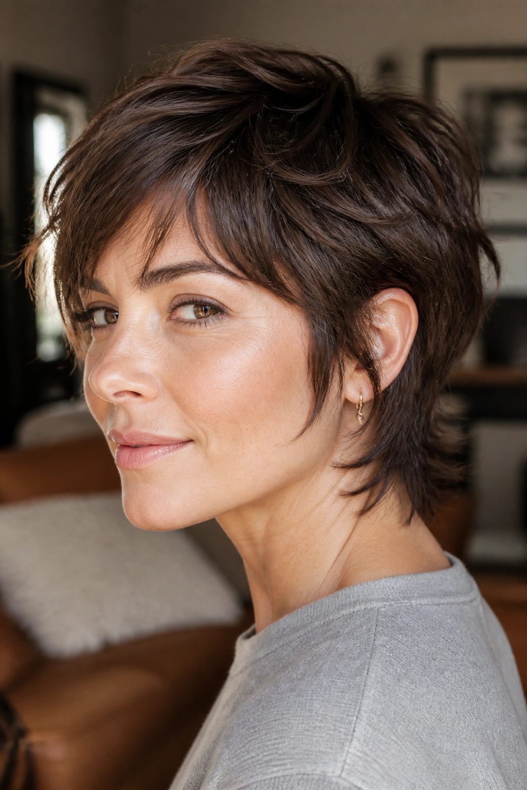 Portrait of a real woman with shaggy long pixie and soft ends in a cozy living room