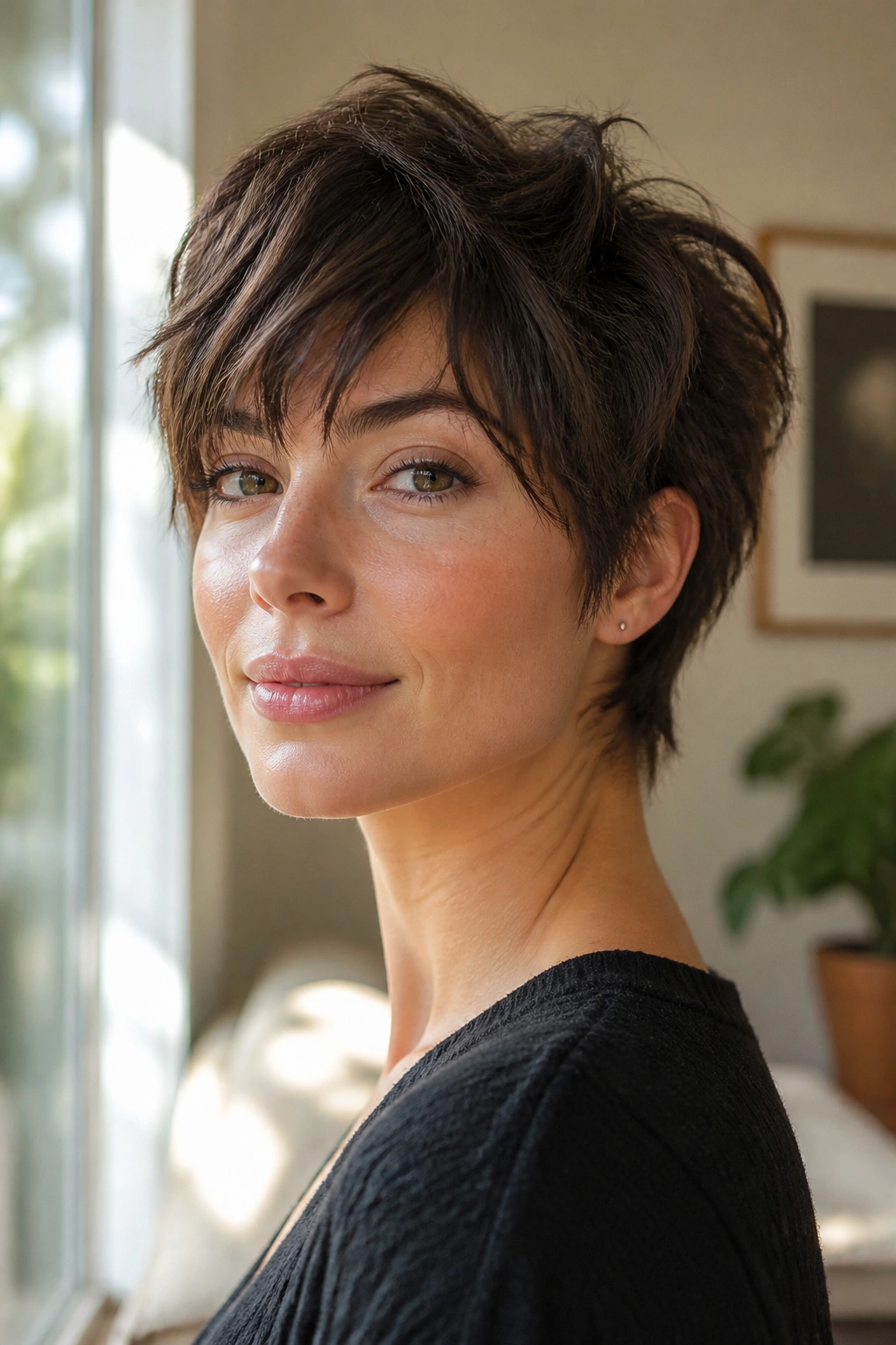 Close-up portrait of a real woman with a shaggy long pixie and choppy ends in sunlit living room