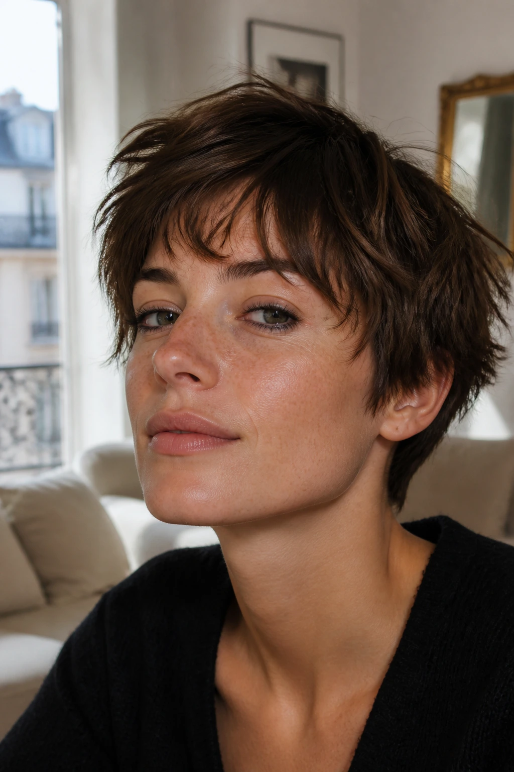 Close-up portrait of a real woman with a shaggy pixie haircut in warm window light