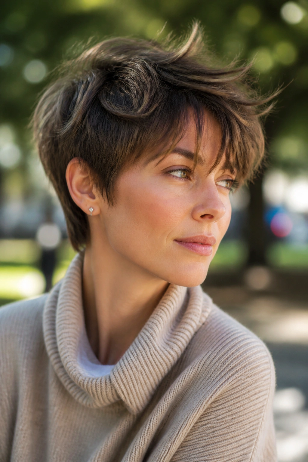Real person with shaggy pixie showing layered, textured ends