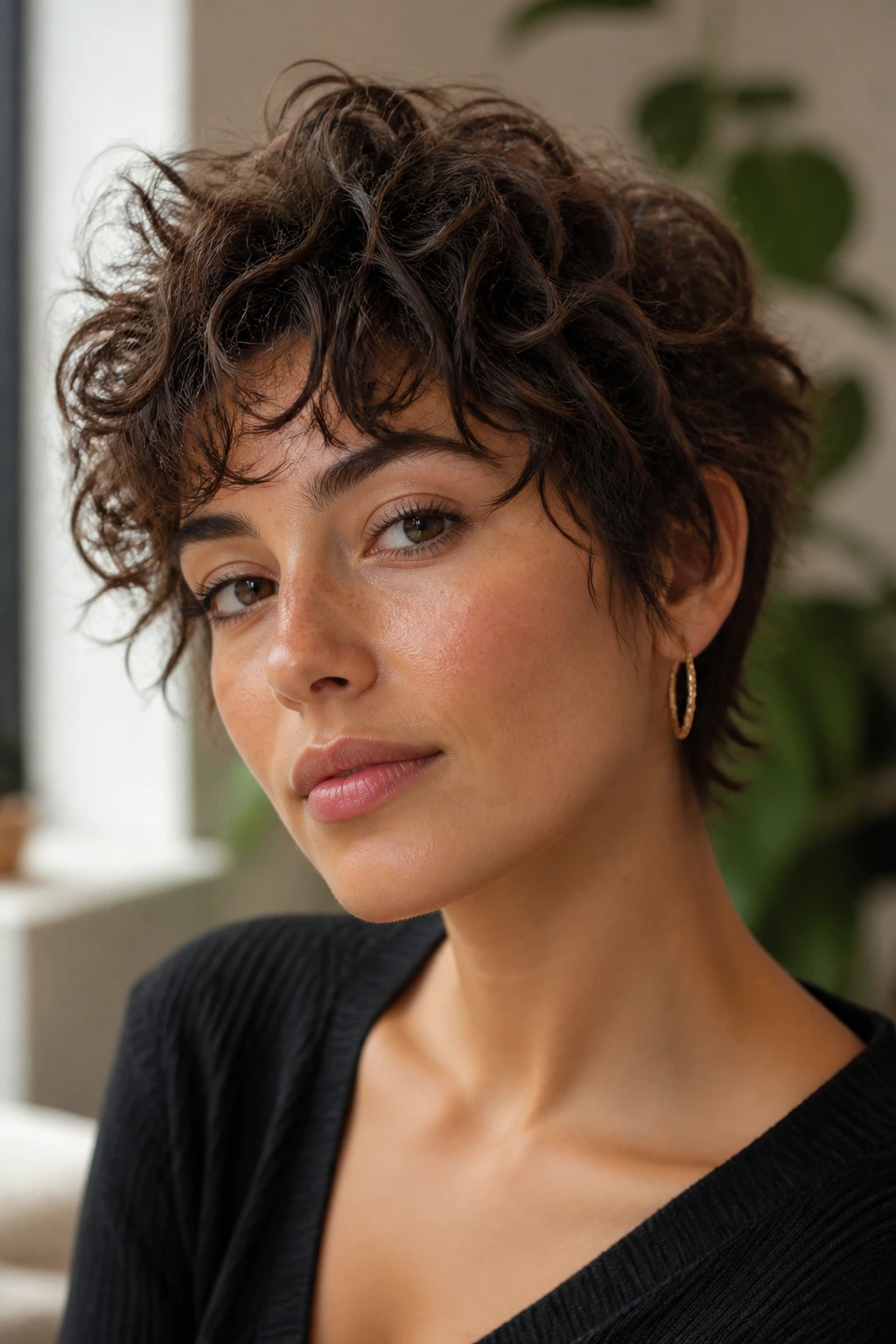 Close-up of a real woman with a shaggy curly pixie featuring choppy layers in natural window light