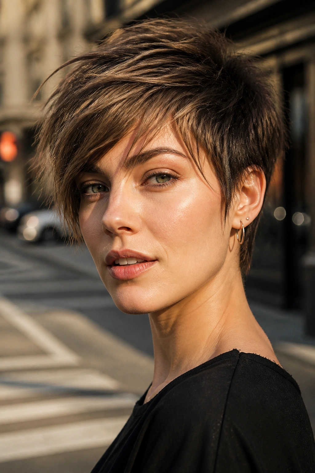 Portrait of a woman with a shaggy pixie and long top bangs.
