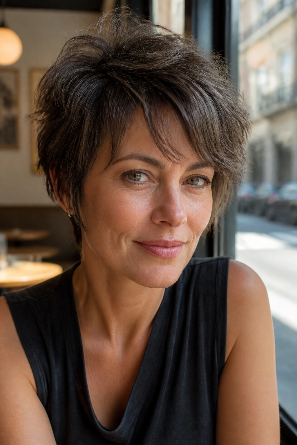Close-up portrait of a real woman with a shaggy pixie featuring a longer top layer in warm cafe light