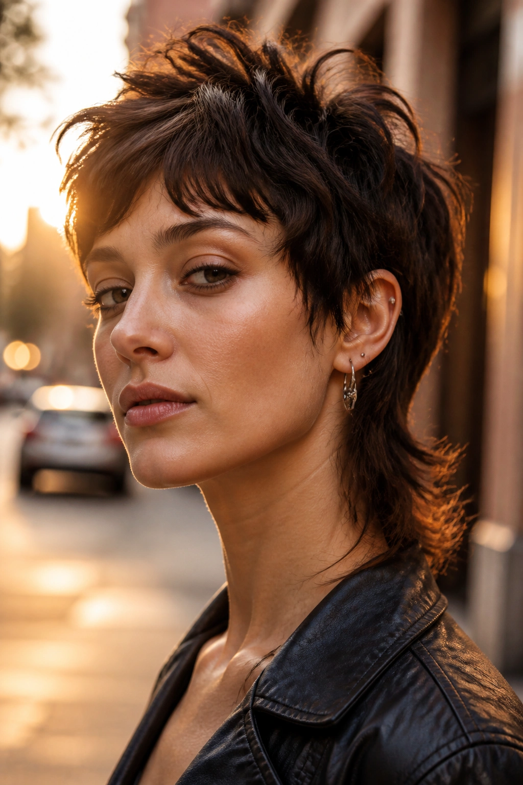 Portrait of a woman with a shaggy pixie and mullet edge
