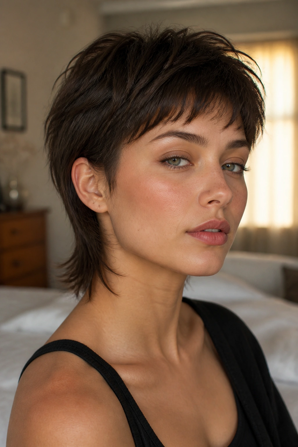 Real woman with shaggy pixie mullet and tucked ears in soft window light