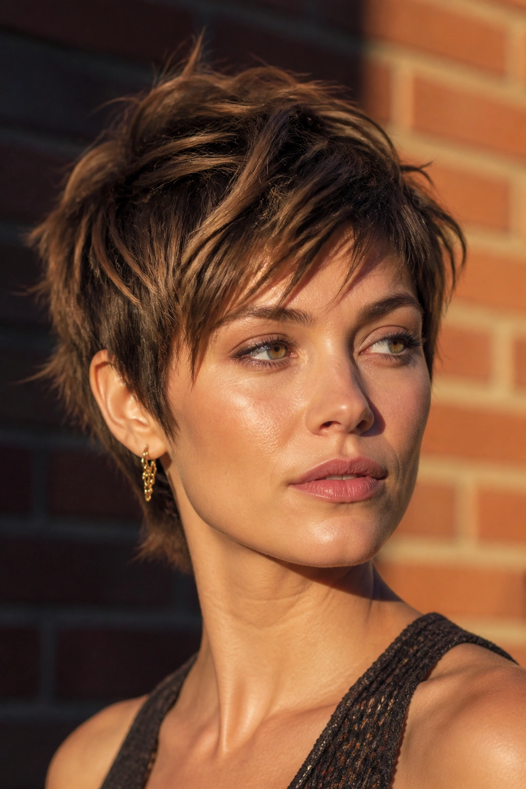 Close-up portrait of a real woman with shaggy pixie and piecey ends