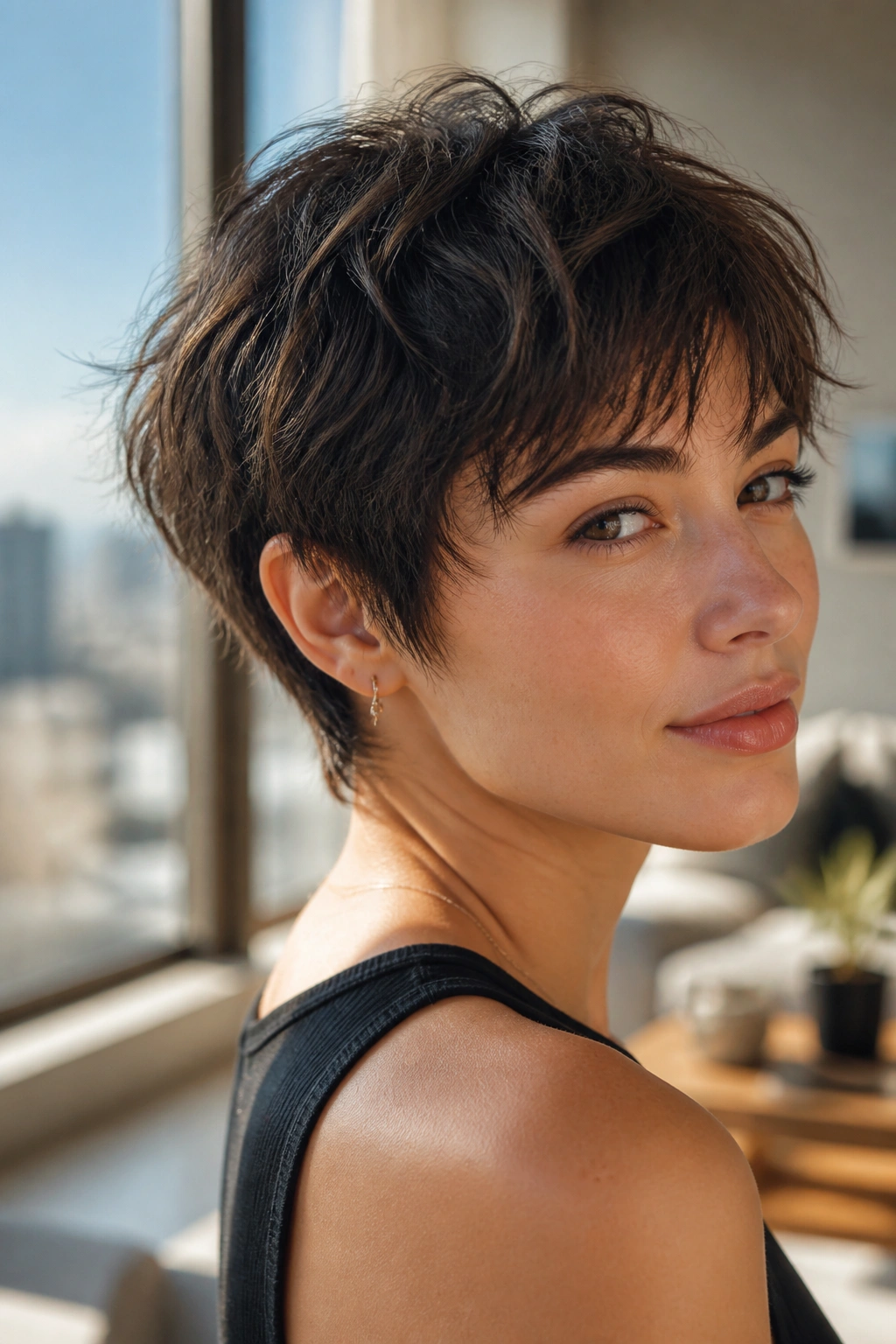 Portrait of a woman with a shaggy pixie on an oval face in sunlit apartment.