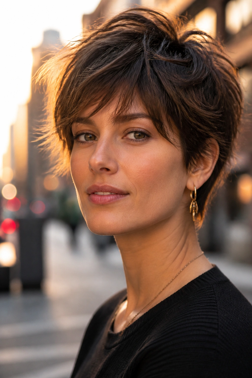 Real woman with shaggy pixie haircut on a city street at golden hour