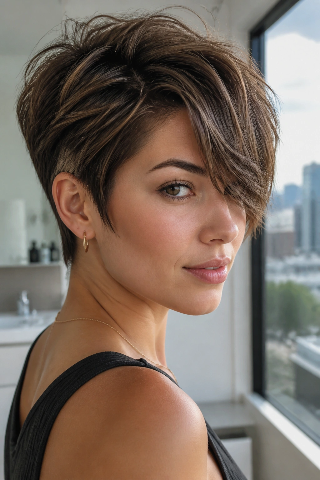 Close-up of a real woman with a tapered shaggy pixie and deep side part in daylight.