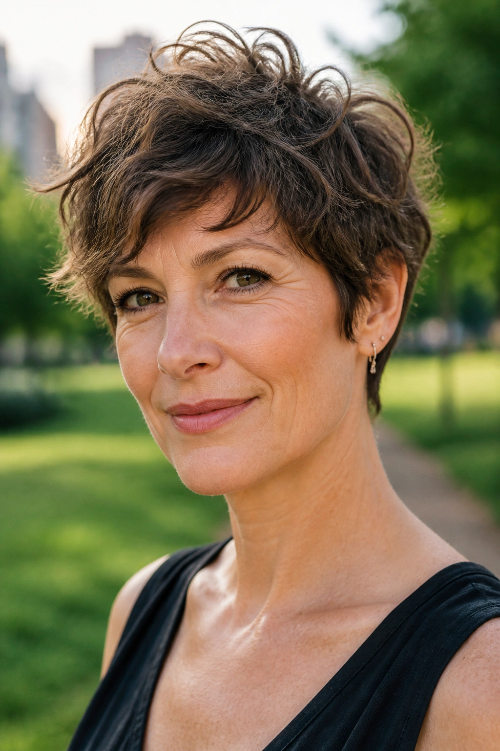Close-up of a real woman with a shaggy pixie showing textured layers and movement in natural light