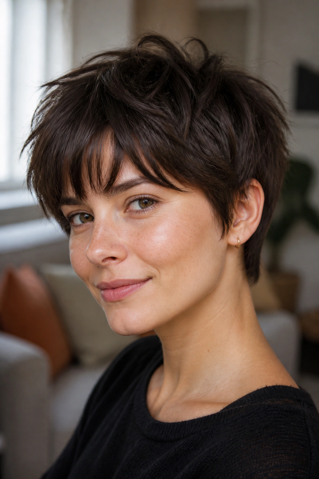 Close-up of a real woman with shaggy pixie and airy texture in natural light