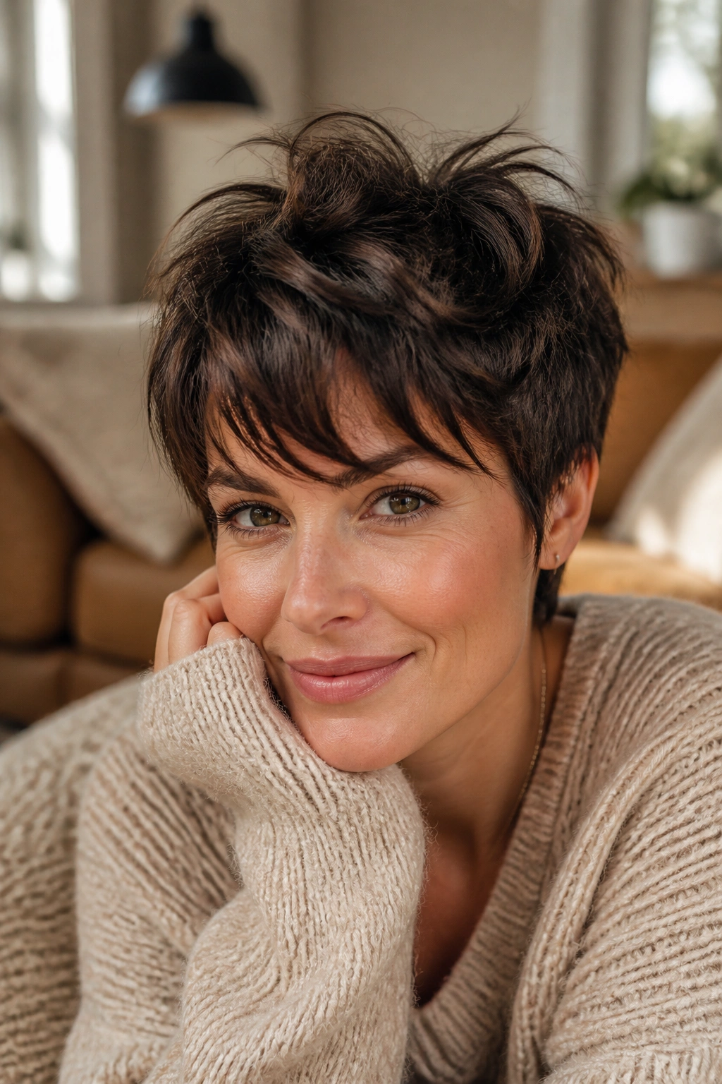 Portrait of a real woman with shaggy pixie and airy layers
