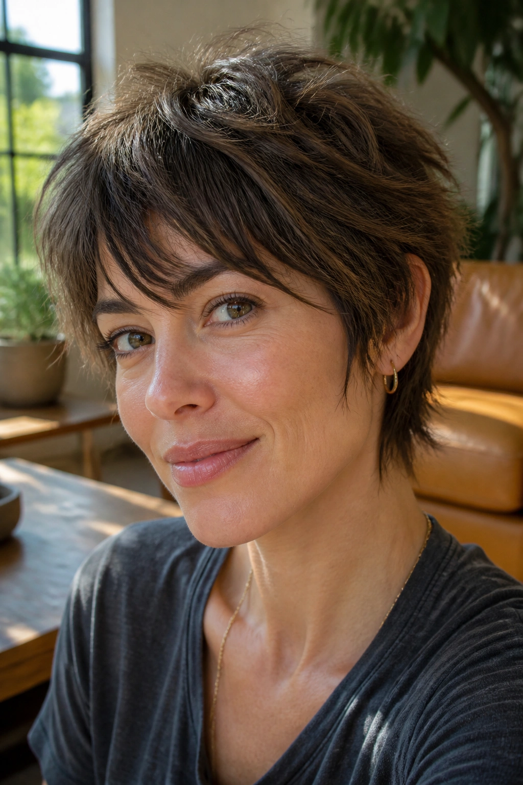 Portrait of a person with shaggy long pixie and wispy ends in a sunlit living room