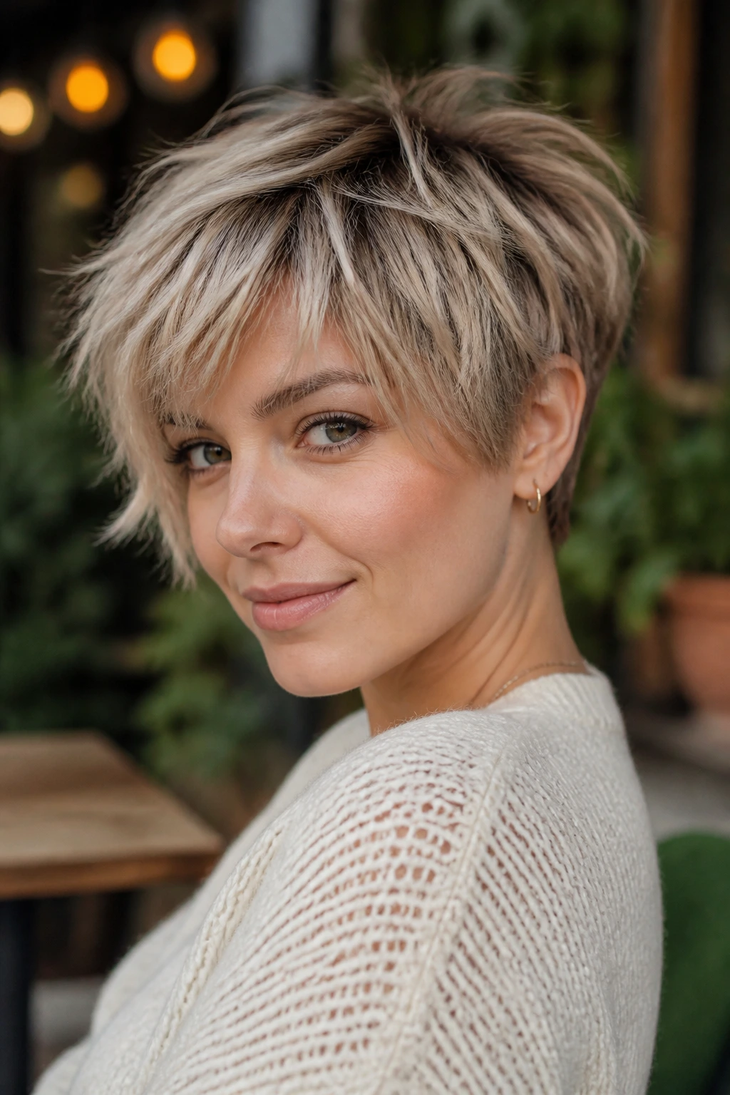 Close-up portrait of a real person with shaggy pixie and wispy layers