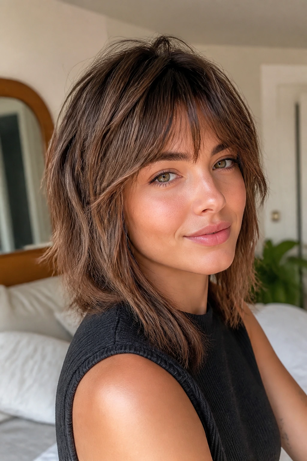 Close-up of a real person showing a shaggy point cut with shorter crown layers.