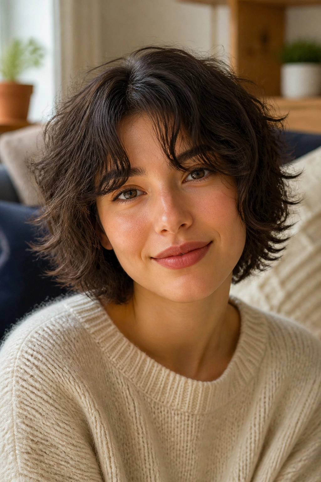 Close-up of a real woman with a shaggy short perm and curtain bangs in a cozy home setting