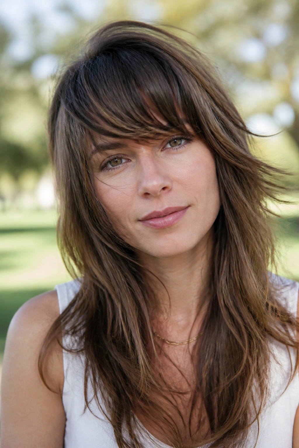 Portrait of a woman with shaggy side swept bangs and airy layers
