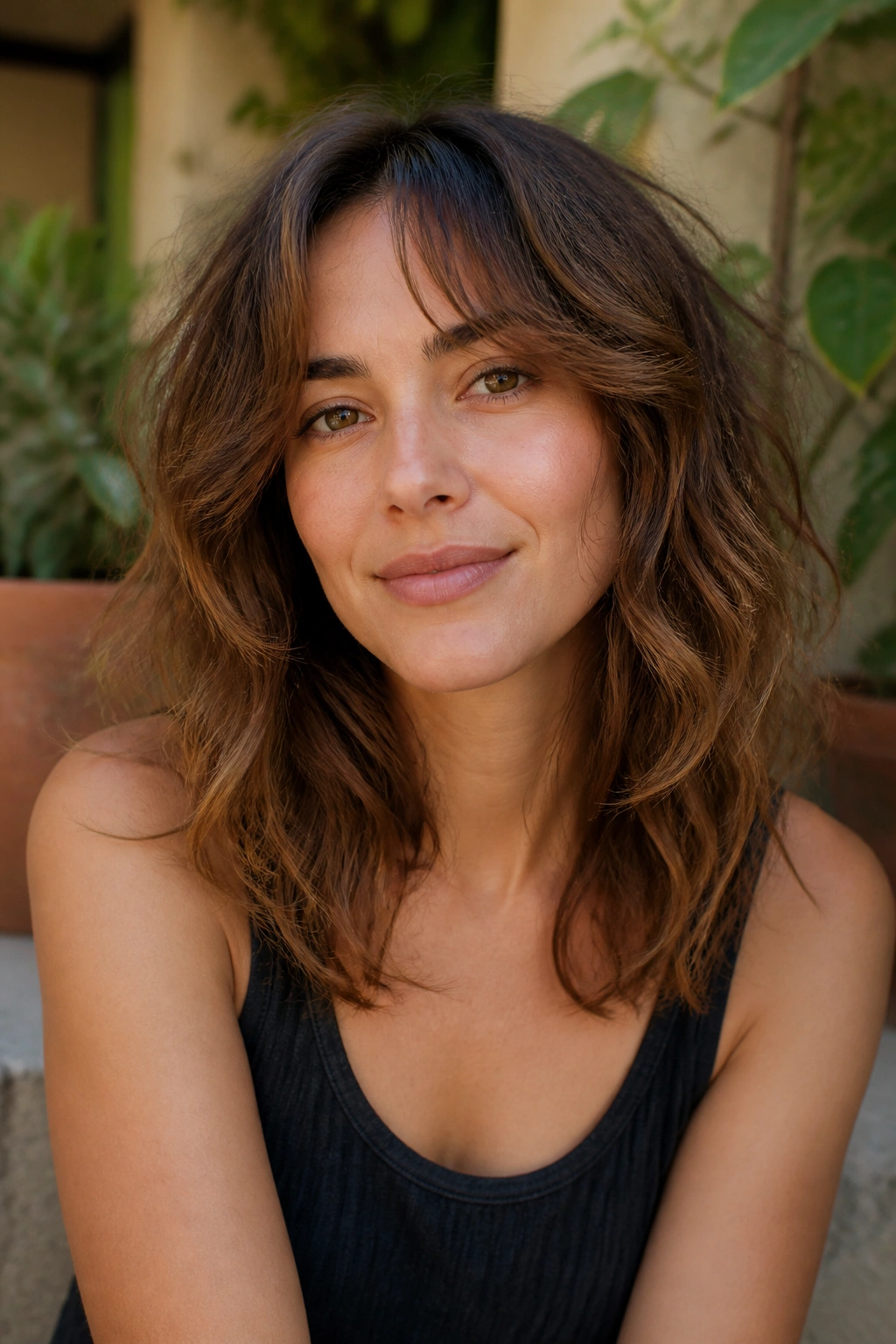 Close-up of a woman with shaggy soft waves and layers