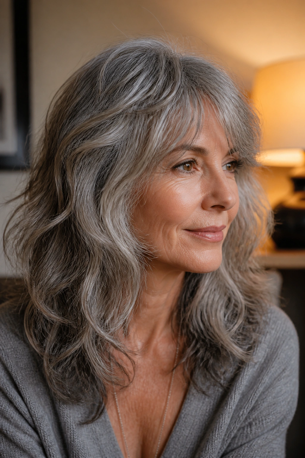 Close-up of a mature woman with shaggy wave cut and texture