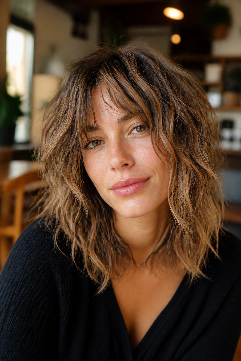 Portrait of a person with shaggy textured waves and choppy layers in warm light.