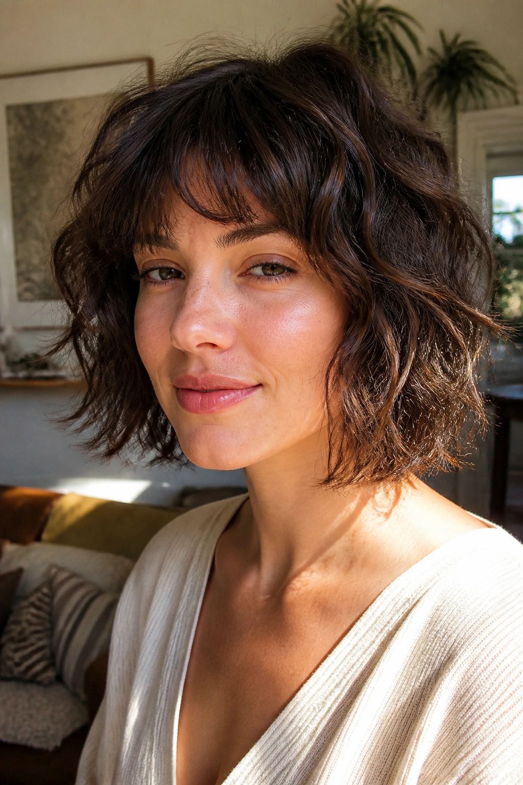 Real woman with shaggy wavy bob and broken-up ends in a cozy room