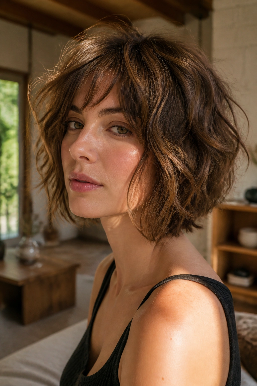 Close-up portrait of a real woman with a shaggy wavy bob in sunlit living room
