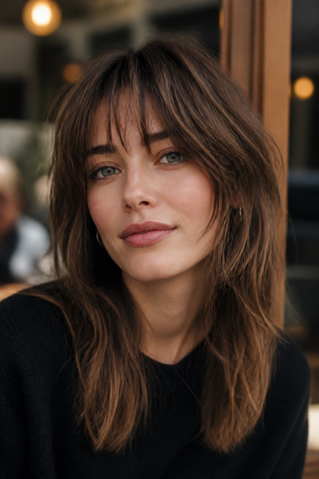 Close-up portrait with shaggy wispy bangs and textured layers in soft light.