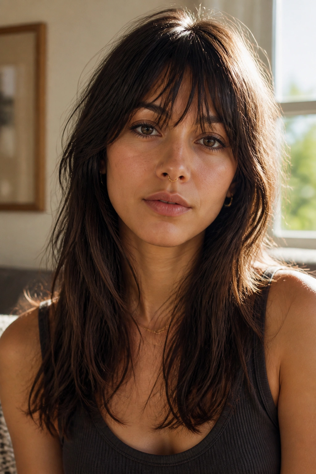 Close-up of a real woman with shaggy wispy bangs in a sunlit living room