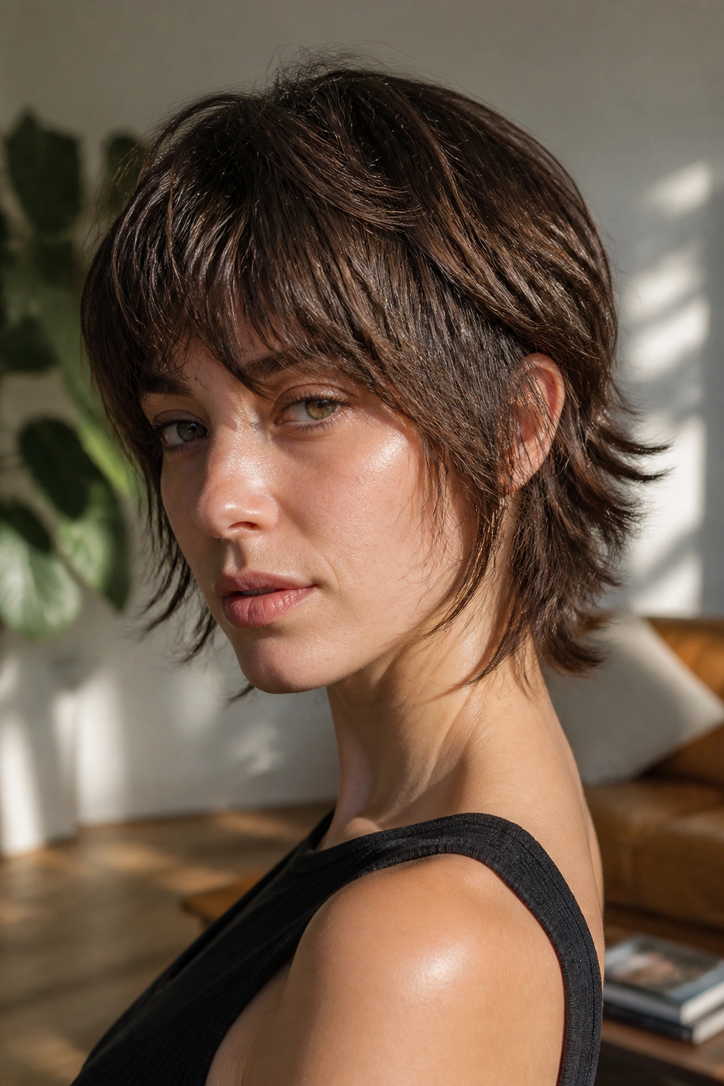 Close-up portrait of a real woman with a shaggy wolf bob.