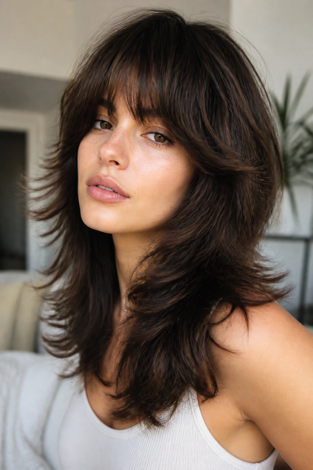 Close-up of a real woman with a shaggy wolf cut and flipped ends in natural light