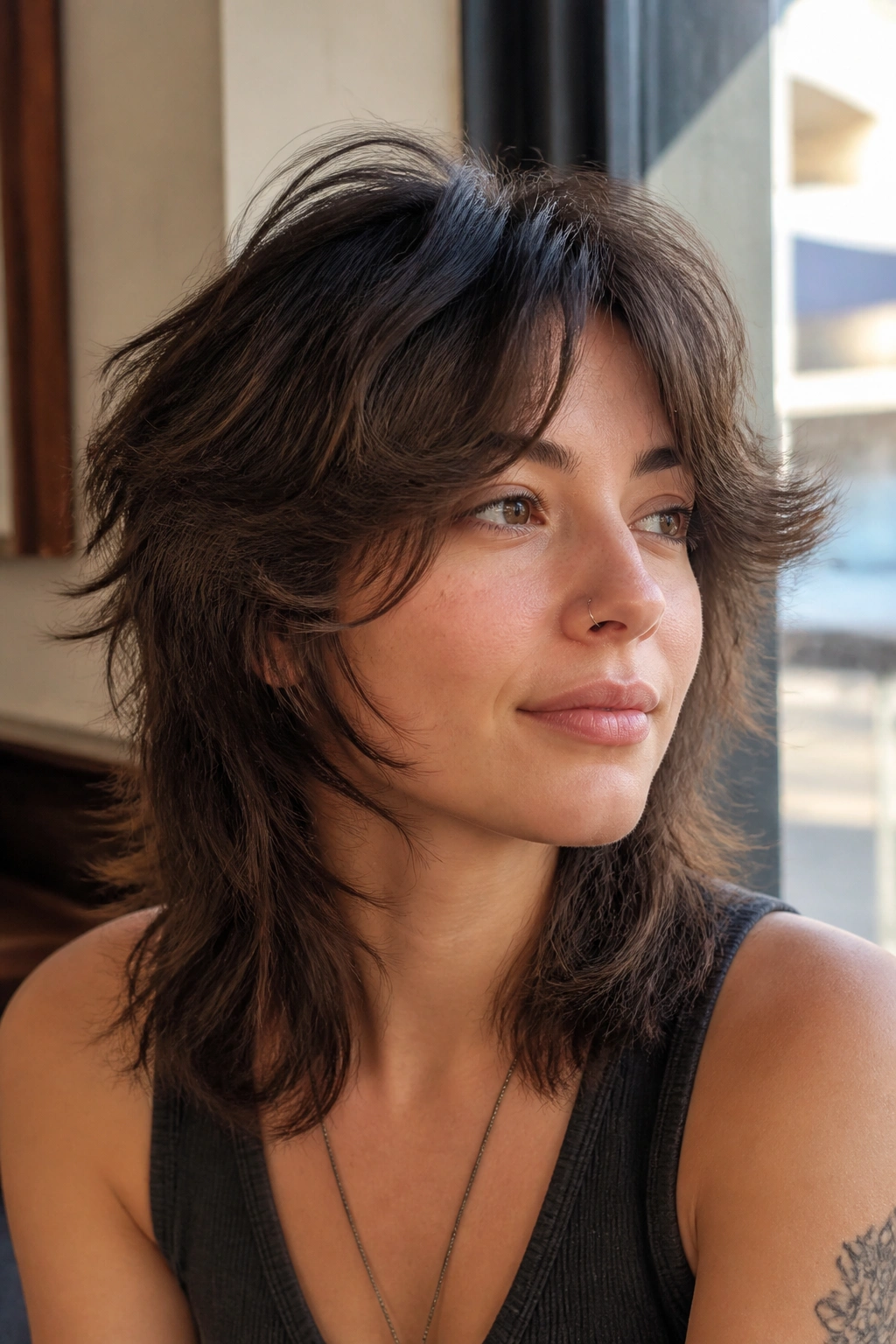 Close-up portrait of a real woman with a shaggy wolf cut and flipped-out curtain bangs.