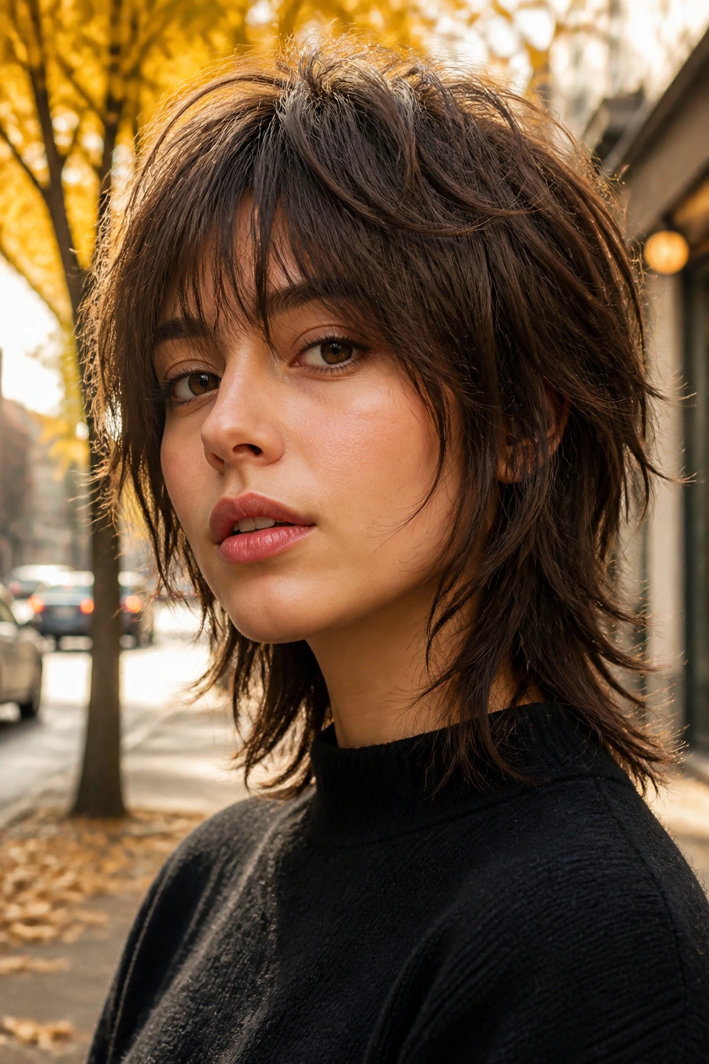 Portrait of a real woman with shaggy wolf cut outdoors in autumn light