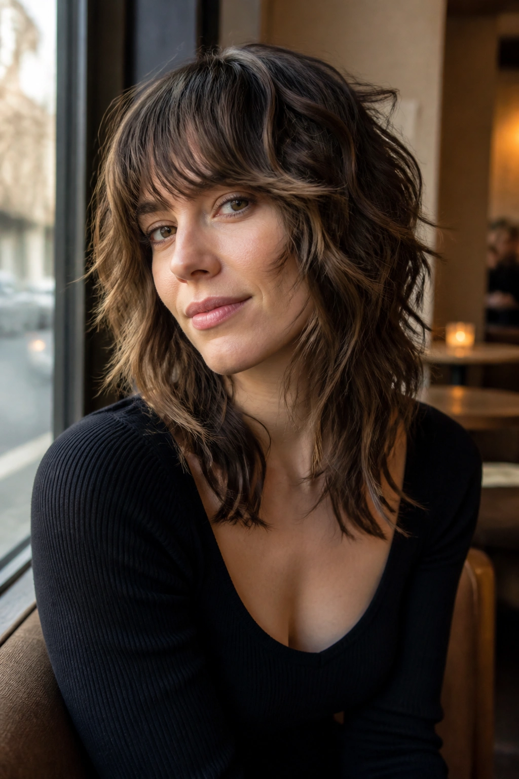 Close-up of a real woman with shaggy wolf cut and soft highlights