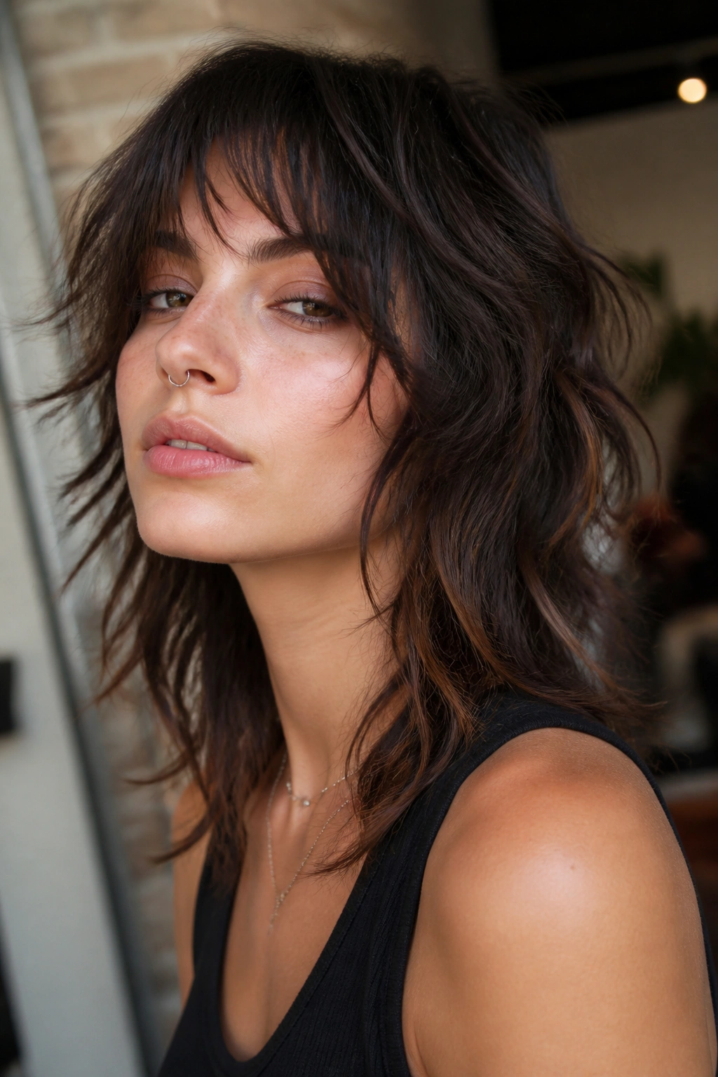 Close-up portrait of a real person with shaggy wolf cut and piecey ends