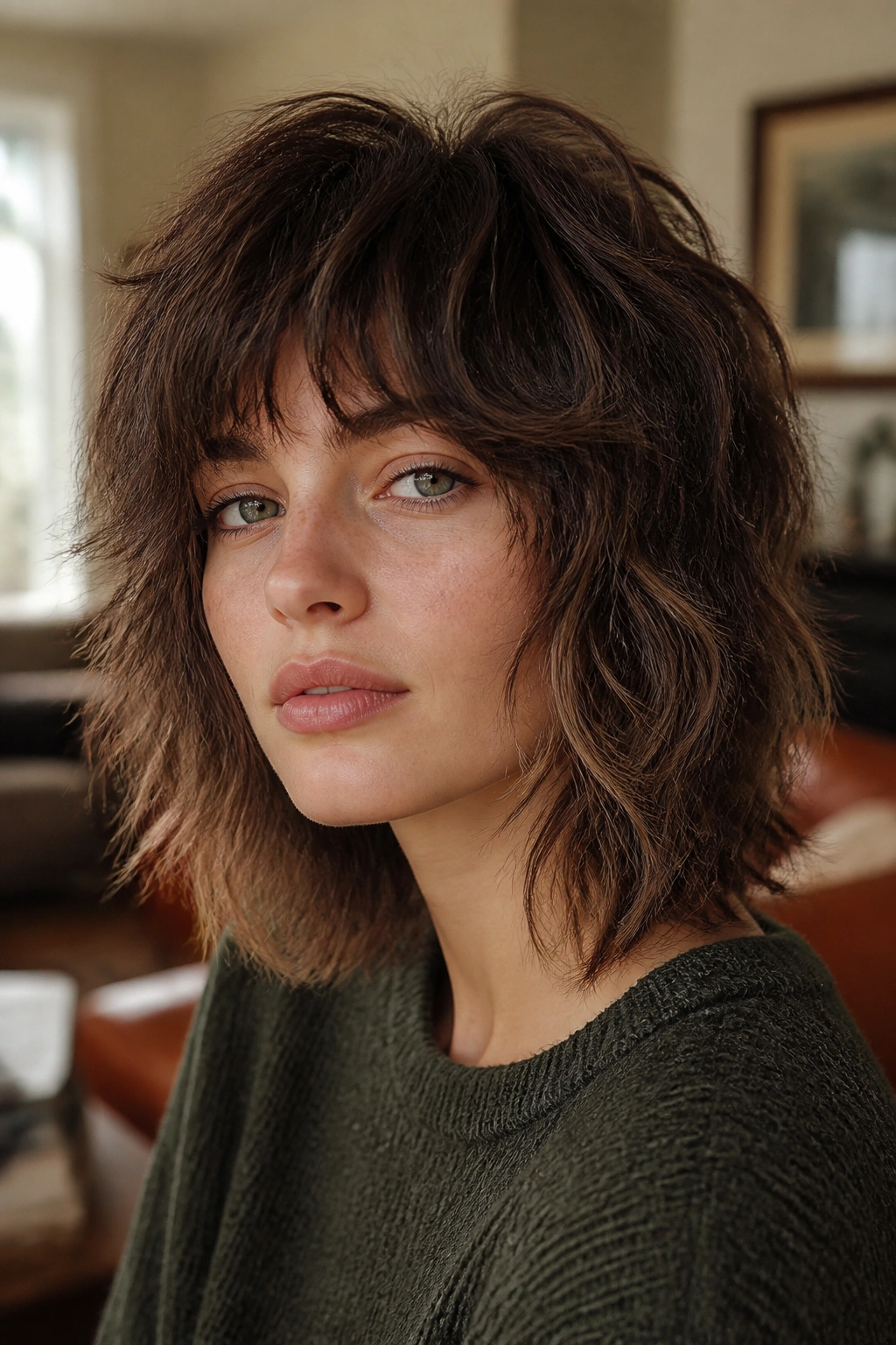 Close-up portrait of a real woman with a shaggy wolf cut, warm window light