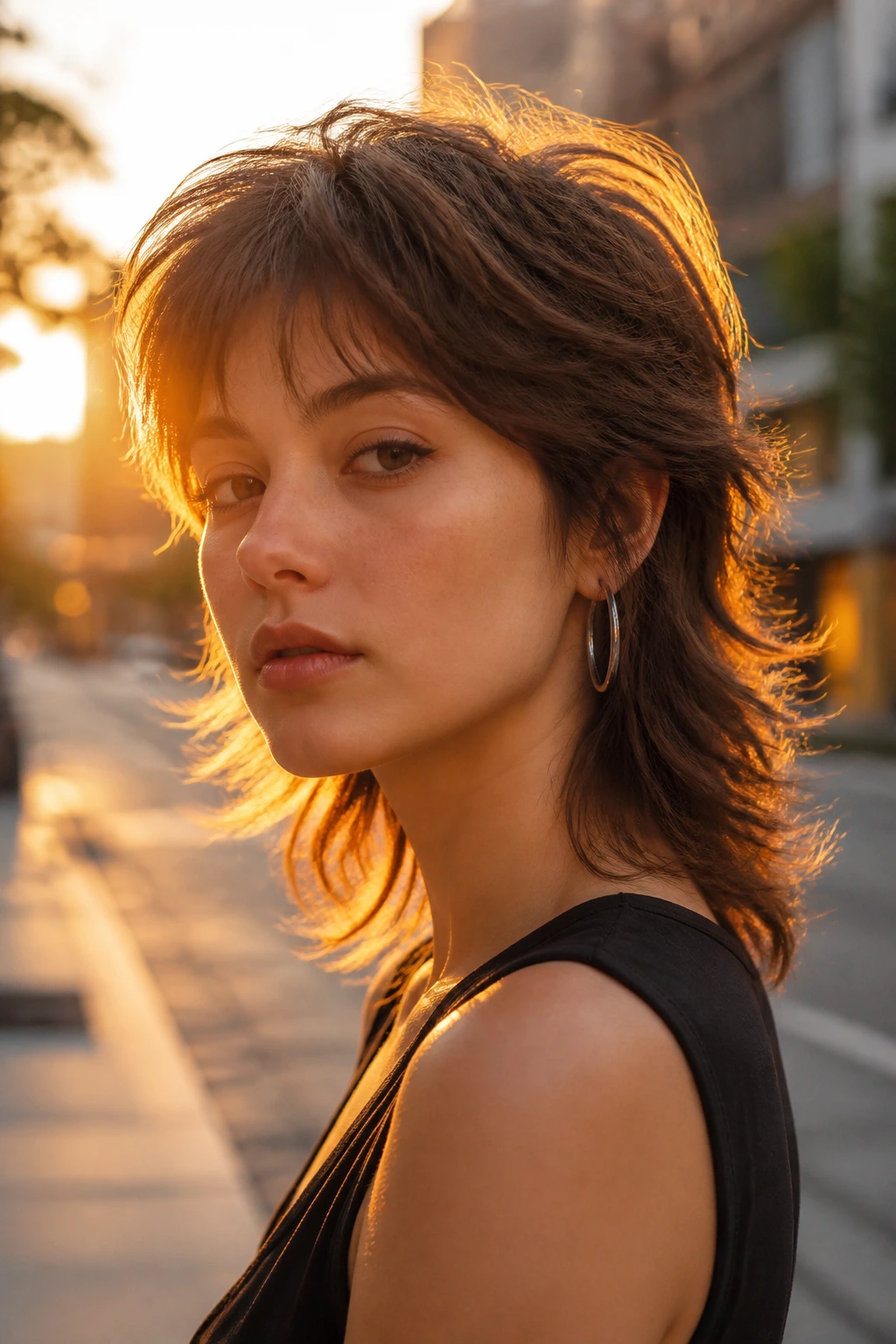 Close-up portrait of a person with a soft mullet-shag (Shaglet) at golden hour