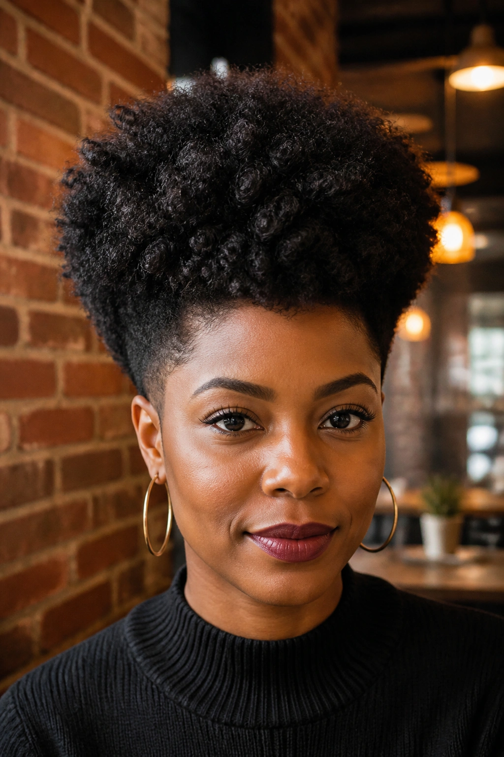 Portrait of a Black woman with shaped Afro and tapered sides