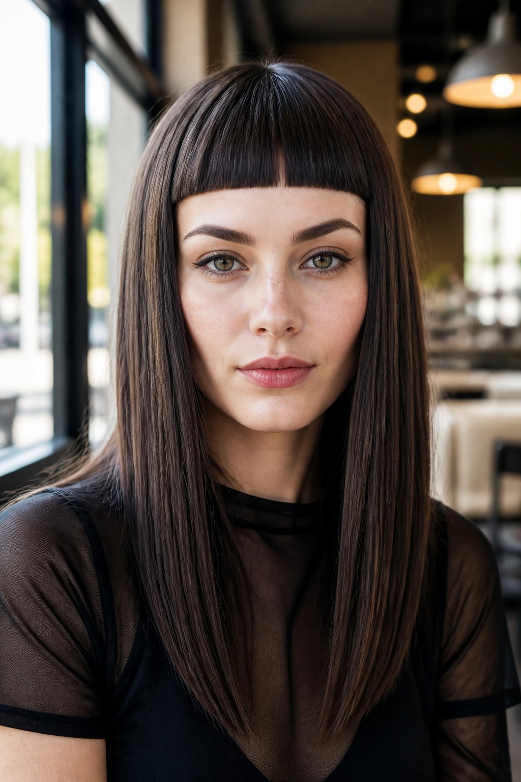 Front-facing portrait of a real woman with a sharp blunt cut and a detached fringe.