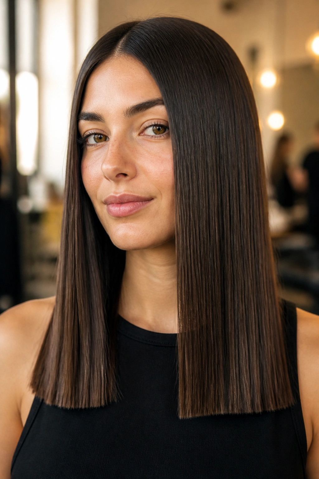 Close-up portrait of a real woman with a sharp blunt hemline on long straight hair in a warmly lit salon