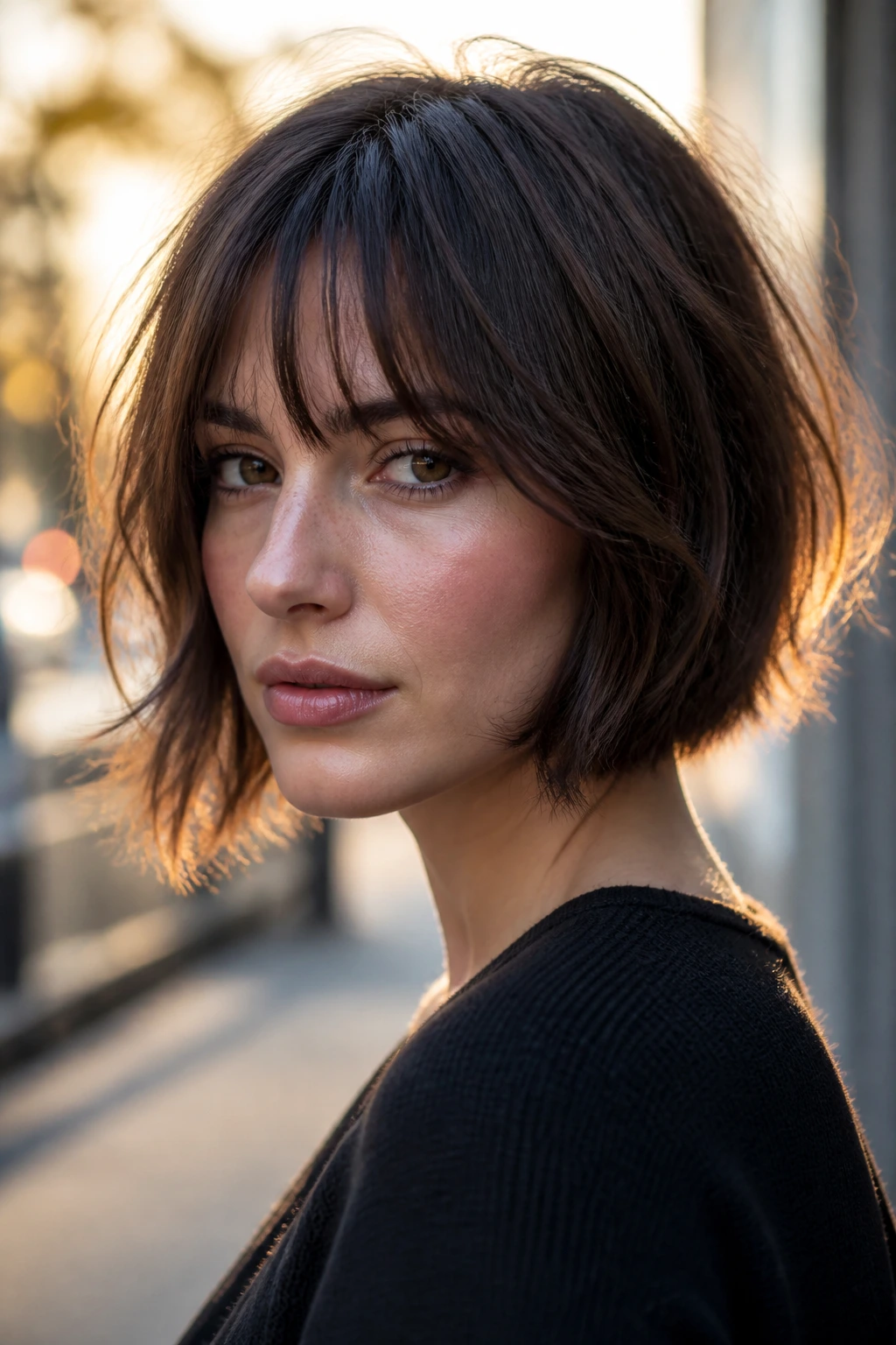 Close-up of a woman with a shattered bob and bottleneck bangs